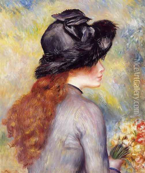 Young Girl Holding At Bouquet Of Tulips Oil Painting - Pierre Auguste Renoir