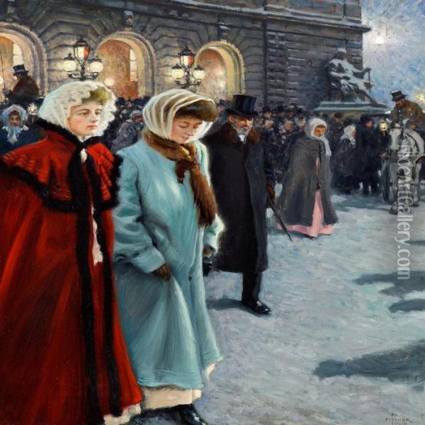 After The Performance Outside The Royal Theatre In Copenhagen Oil Painting - Paul-Gustave Fischer