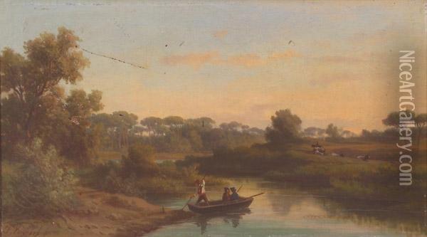 Veduta Della Palude Di Castel Fusano Con Imbarcazione Oil Painting - Franz Knebel