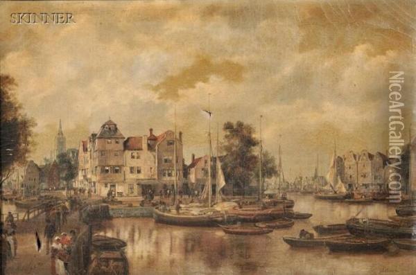 Dutch City View With Bustling Harbor Oil Painting - Johann Christoph Frisch