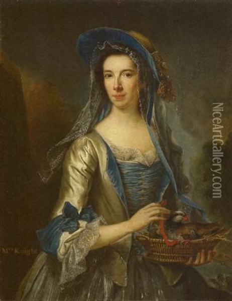 Portrait Of Mrs. Knight, In An Oyster Satin Gown With Blue Ribbons And A Bonnet, Holding A Partridge And Chicks Oil Painting - George Knapton