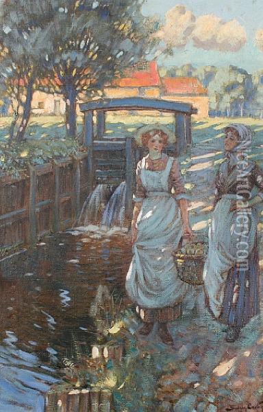 Two Young Women By A Stream Oil Painting - Sydney Carter