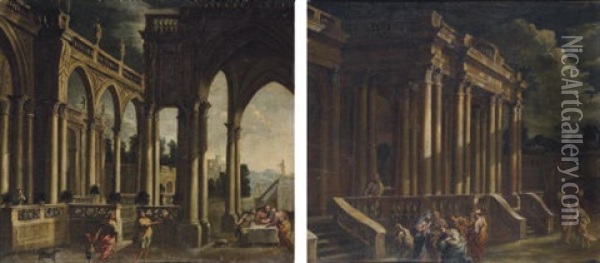 A Capriccio Of Classical Ruins With The Supper On The Road To Emmaus (+ A Capriccio Of Classical Ruins With Christ Taking Leave Of His Mother; Pair) Oil Painting - Viviano Codazzi
