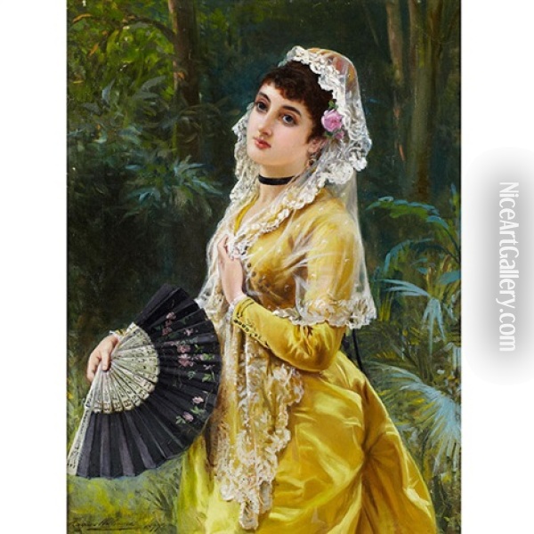 La Rubia (beauty In Yellow Holding A Fan) Oil Painting - John Haynes-Williams