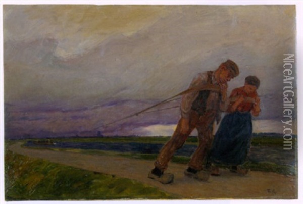 Flussaufwarts (die Treidler) Oil Painting - Friedrich Kallmorgen