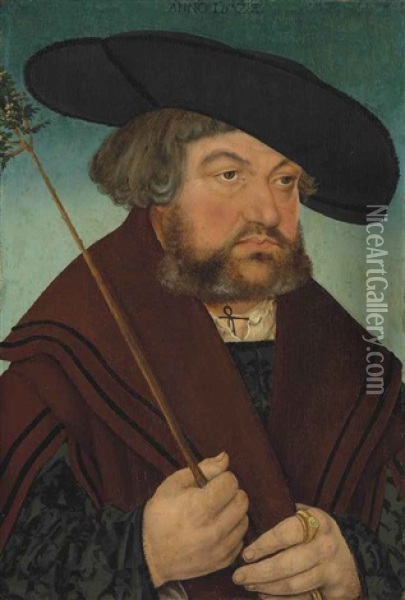 Portrait Of A Man, Half-length, In A Black Doublet And Brown Coat, Holding A Branch Oil Painting - Lucas Cranach the Elder