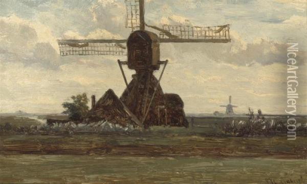 A Windmill In A Dutch Polder Landscape Oil Painting - Paul Joseph Constantine Gabriel
