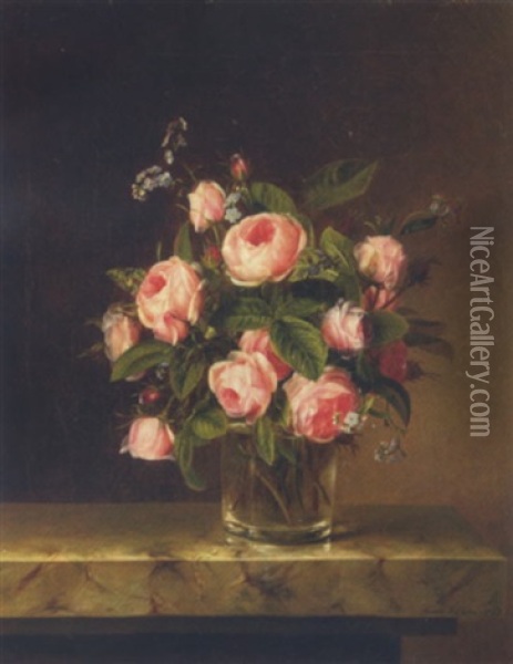 Pink Roses And Forget-me-nots In A Glass On A Marble Ledge Oil Painting - Hanne Hellesen