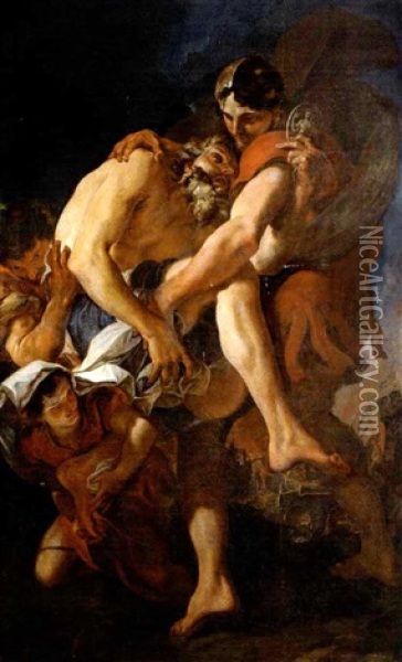 Enea Trasporta Il Padre Anchise Sfuggendo Dall'incendio Di Troia Oil Painting - Paolo Pagani