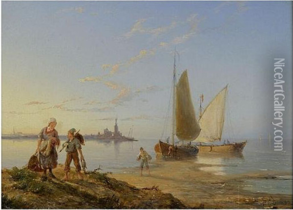 Coastal Scene With Fisher Folk Unloading The Catch, And Another Similar Oil Painting - Pieter Christiaan Cornelis Dommersen