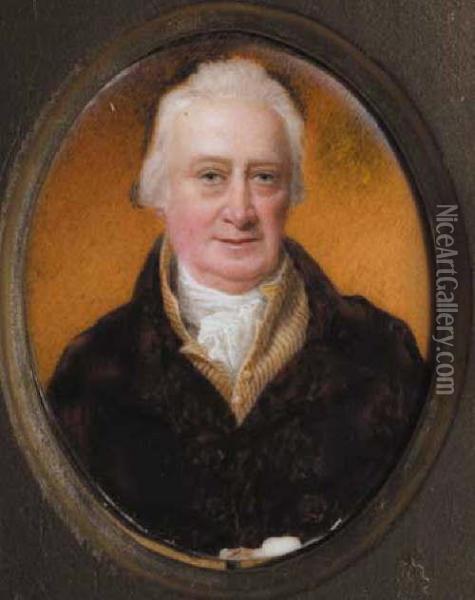 Portrait Of A Gentleman In Brown Coat And Striped Waistcoat Oil Painting - John Comerford