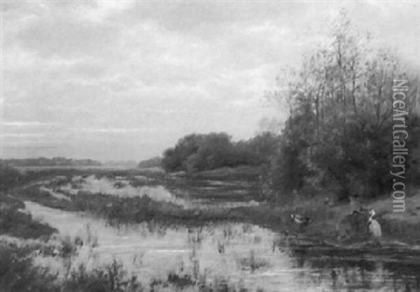 A Wooded Marsh Landscape With A Heron And Ducks, At Dusk Oil Painting - August Johannes le Gras
