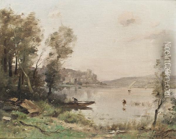 On The Seine; A Punt On The Seine, With A Town Beyond Oil Painting - Maurice Levis