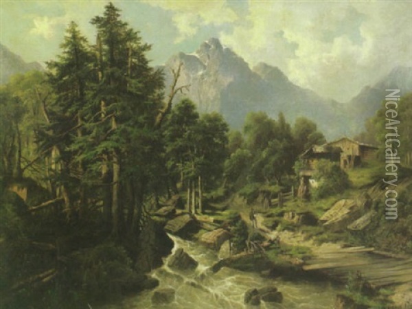 An Extensive Alpine Landscape With A Figure By A Mountain Stream In The Foreground Oil Painting - Albert Lang