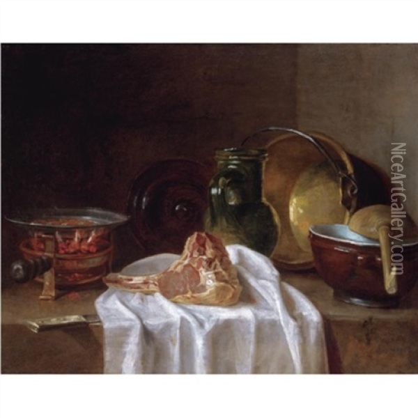Still Life With A Brazier, Earthenware Jugs, A Copper Bowl And A Lamb Chop On A Stone Ledge Oil Painting - Jean-Baptiste-Simeon Chardin
