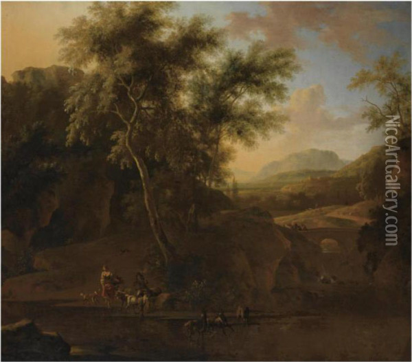 An Italianate Wooded River 
Landscape With Shepherds And Their Herdof Goats In The Foreground, Two 
Travellers And A Donkey On Thebridge Beyond Oil Painting - Frederick De Moucheron