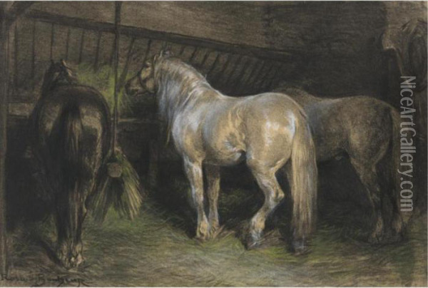Horses Eating Hay In A Stable Oil Painting - Rosa Bonheur