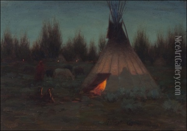 Evening Camp Oil Painting - Elling William Gollings