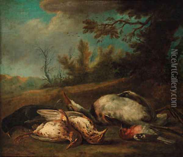 A dead blackbird, a chaffinch, thrushes and a heron in a landscape Oil Painting - Jan Vonck