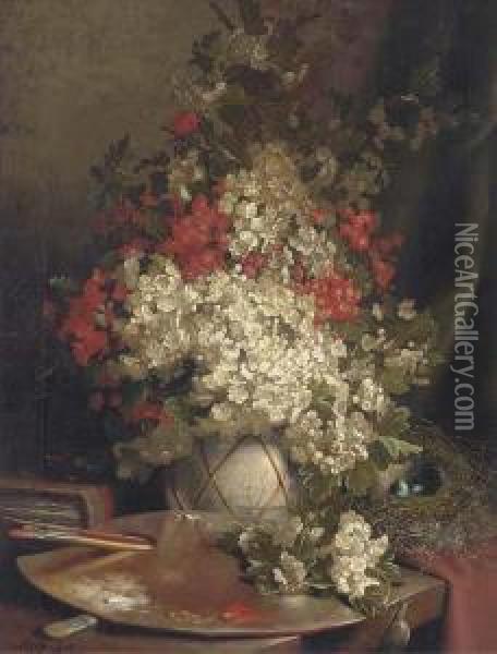 Still Life Of May Blossom In A Vase Oil Painting - John Fitz Marshall