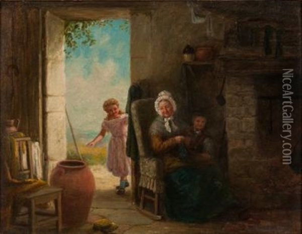 Cottage Interior With Grandmother And Children Oil Painting - Charles Frederick Lowcock