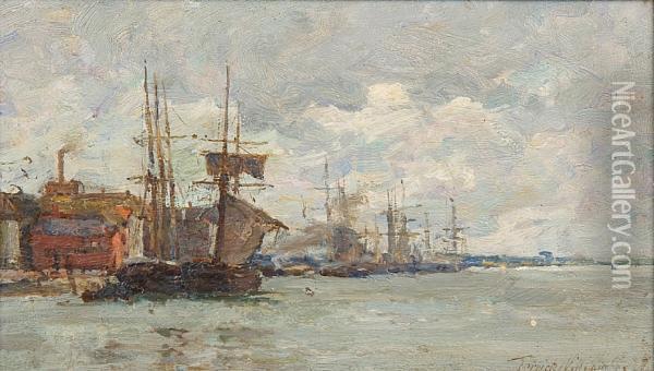 Shipping In A Harbour Oil Painting - Terrick John Williams