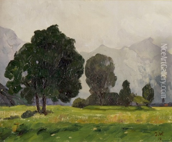 Landschaft Mit Dunklen Baumen Und Bergkette Im Hintergrund Oil Painting - Johannes Weber