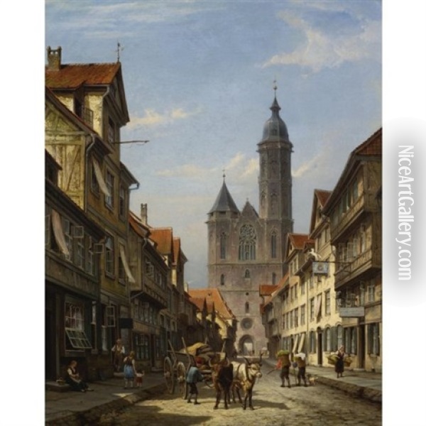 Dutch Street Scene With Cathedral Oil Painting - Cornelis Christiaan Dommelshuizen