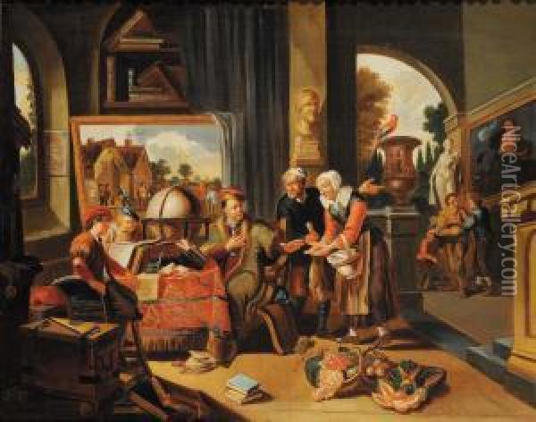 Scena D Interno Con Figure E Scienziati Oil Painting - Balthasar Van Den Bosche