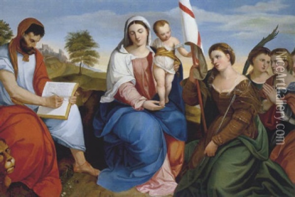Madonna Mit Kind Und Den Heiligen Markus Evangelista Sowie Ursula Mit Jungfrauen Oil Painting - Johann Matthias Ranftl
