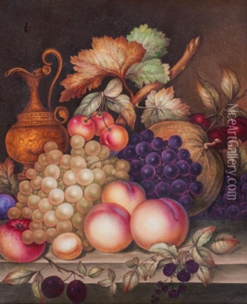 A Painted Porcelain Plaque With Fruit And A Ewer On A Ledge Oil Painting - James Rouse Senior