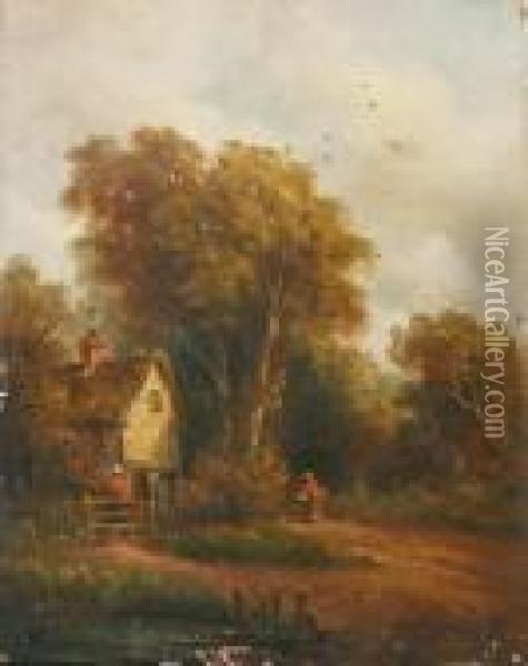 Figures Beside A Cottage In A Countrylane Oil Painting - John Moore Of Ipswich