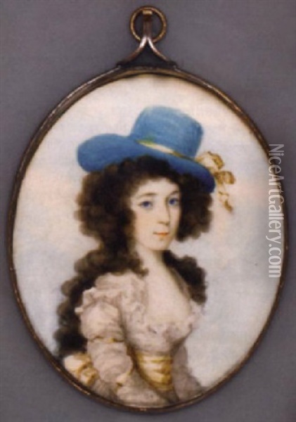 A Young Lady In Ruffle Bordered White Silk Dress, Yellow Sash, Blue Hat With Yellow Ribbon In Her Long Curling Brown Hair Oil Painting - Frederick Buck