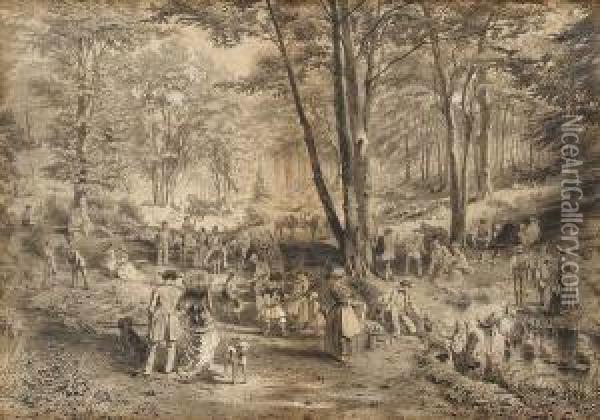 Foret De Fontainebleau, Un Dejeuner D'artistes Dans Les Fosses Rouges Oil Painting - Alphonse Vallot