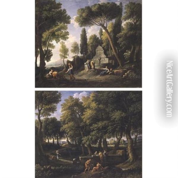 A Classical Landscape With Figures Collecting Water From A Fountain, Others Resting And Conversing In The Foreground (+ A Classical Landscape With Figures Conversing At A Fountain; Pair) Oil Painting - Jan Frans van Bloemen