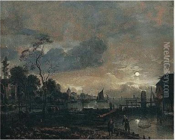 A Moonlit Estuary Scene With Fishermen Near A Watermill And A Village Beyond Oil Painting - Aert van der Neer
