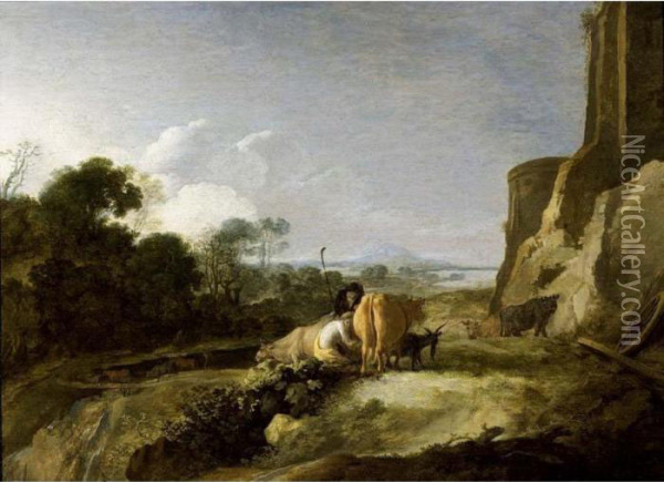 A Southern Wooded Landscape With Shepherds And Their Herd Near Ruins Oil Painting - Moyses or Moses Matheusz. van Uyttenbroeck