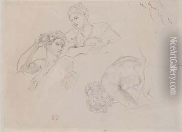 Deux Femmes I Mi-corps Et Bacchus En Buste Vu De Profil Vers La Gauche Oil Painting - Eugene Delacroix