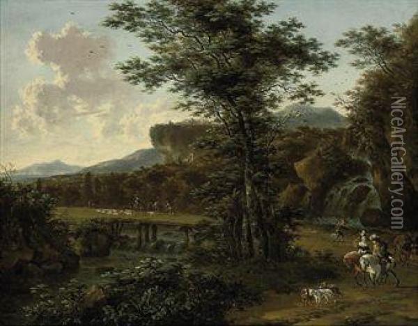 A River Landscape With Travellers On A Track Near A Waterfall Oil Painting - Willem de Heusch
