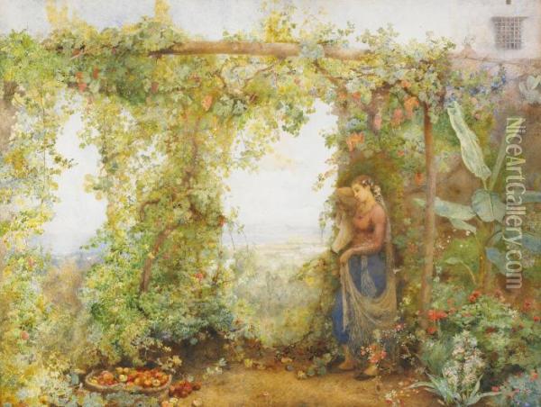 Flicka I Blomstertradgard Oil Painting - John William North