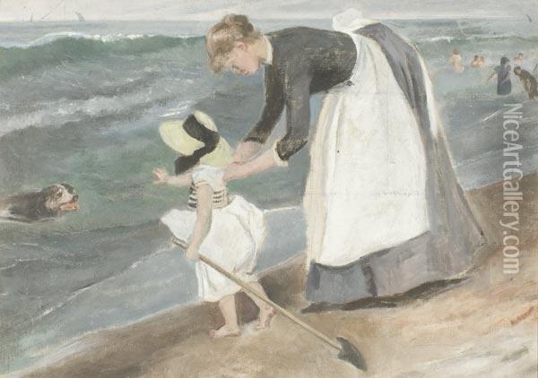 Donna Con Bambina In Riva Al Mare Oil Painting - Scipione Vannutelli