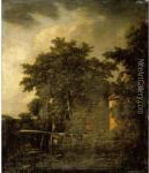 A Wooded Landscape With A Huntsman In Red Shooting By A Cottage Oil Painting - Cornelis Hendricksz. The Younger Vroom