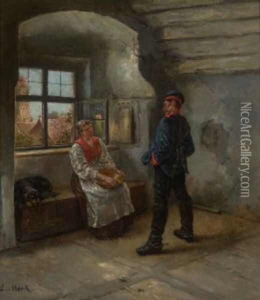 Magd Und Soldat In Der Stube Oil Painting - Eduard Merk