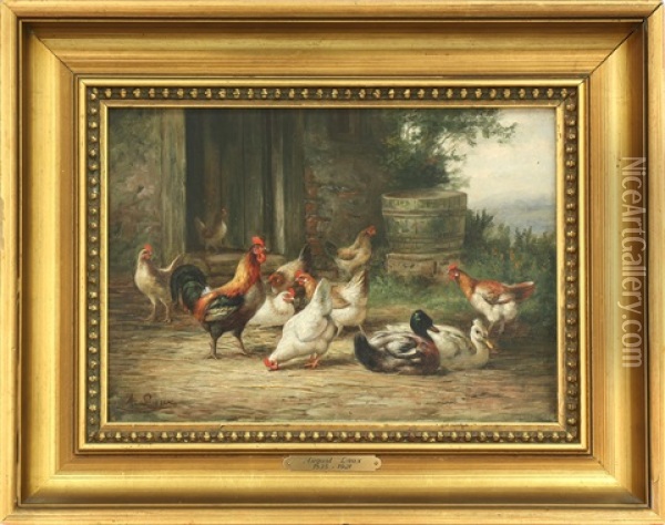 Chickens And Ducks In A Farmyard Oil Painting - August Laux