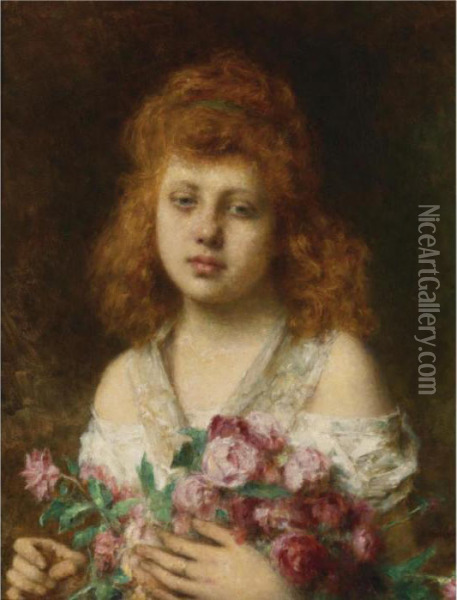 Auburn Haired Beauty Holding Red Roses Oil Painting - Alexei Alexeivich Harlamoff