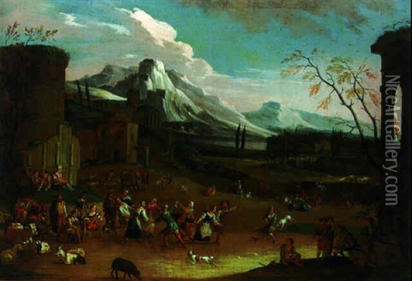 Peasants Dancing On The Ourtskirts Of A Town, Mountain Beyond Oil Painting - Peeter van Bredael