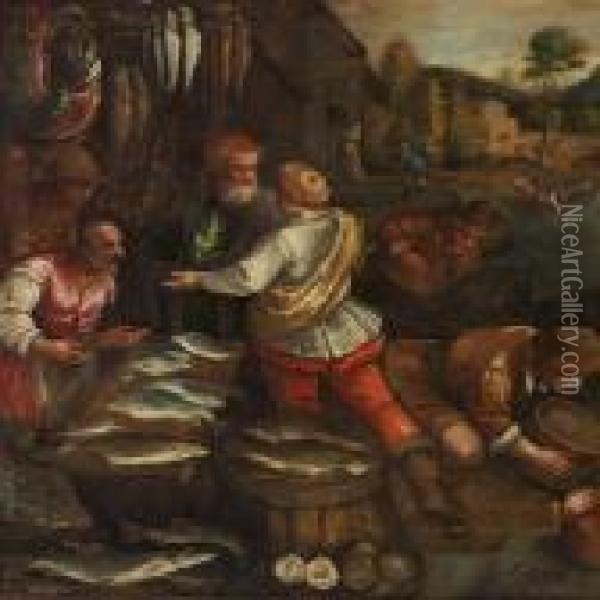 People Buying Fish Oil Painting - Jacopo Bassano (Jacopo da Ponte)