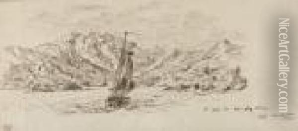 Un Bateau A Voiles Au Large De L'ile De Nuku Hiva Oil Painting - Eugene Delacroix