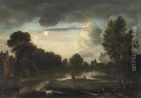 A Moonlit River Landscape With Three Figures Near A Bridge And Achurch In The Distance Oil Painting - Aert van der Neer
