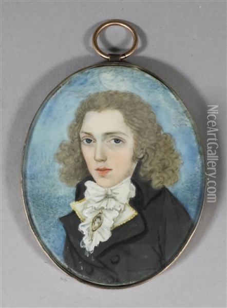 Miniature Shoulder-length Portrait Of A Young Man With A Cravat, His Hair Worn Long Oil Painting - Frederick Buck